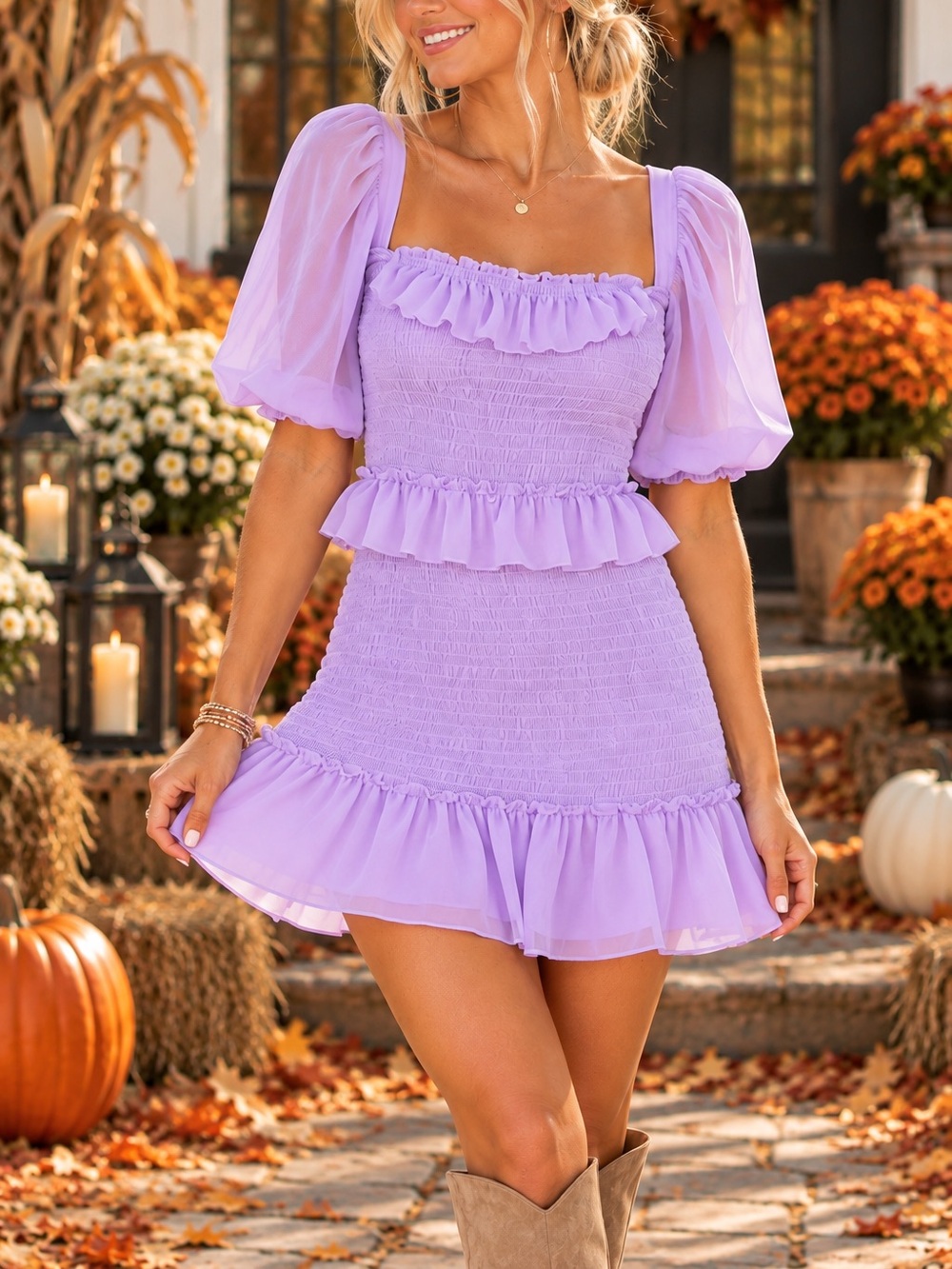 💜 Lovers + Friends Lavender Smocked Ruffle Mini Dress SMALL |  NWOT